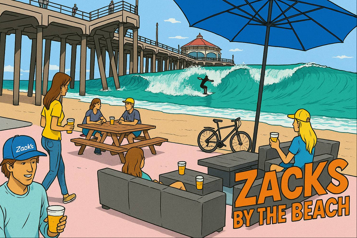 Beach scene with people enjoying drinks, a surfer, at Zacks by the Beach .