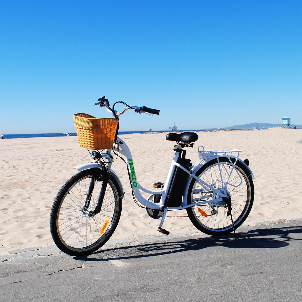 Senior-friendly electric bicycle with basket and pedal assistance