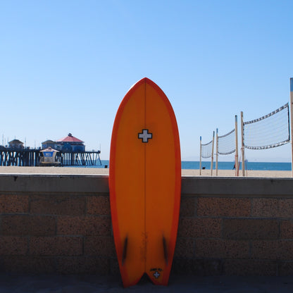 Performance fish model surf board, dual fin.